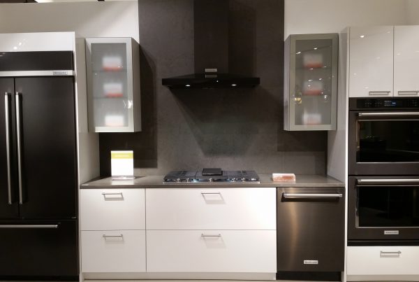 black, gray and white kitchen